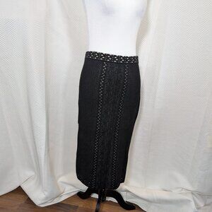 Max Studio Knit Pencil Midi Skirt Black & Beige Textured Pull-On Size Medium
